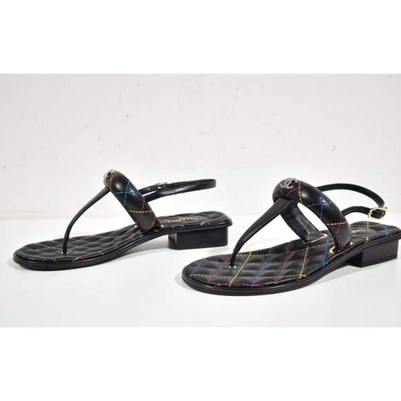 Chanel 21K Black Multicolor Leather CC Logo Mule Slide Flat Thong Sandal 37.5 - Picture 9 of 11